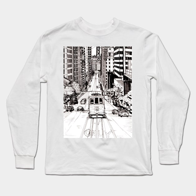 Cable Car San Francisco Cityscape USA Pen and Ink Illustration Long Sleeve T-Shirt by Wall-Art-Sketch
